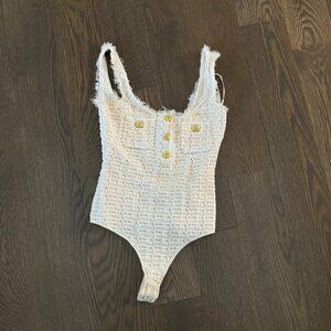 Ronny Kobo Textured Knit Bodysuit – Ivory – Gold Button Detail – XS